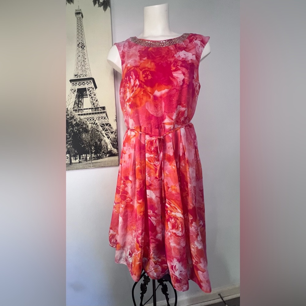 Sandra Darren Floral Orange and Pink Dress with Embellished Neckline